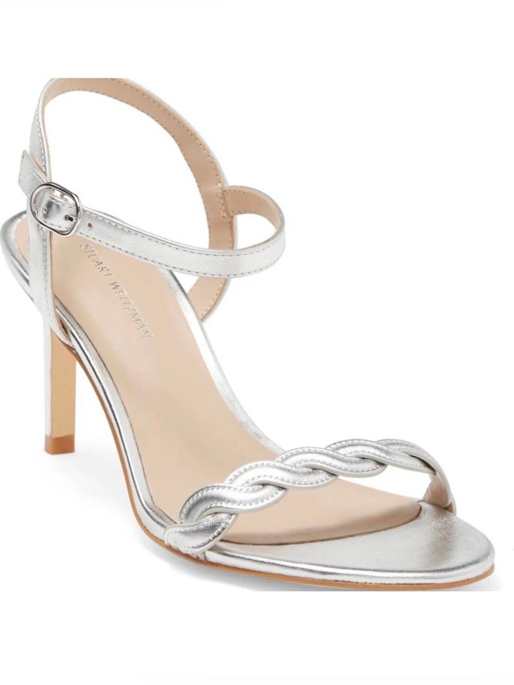 Stuart Weitzman Dancer Twistie Metallic Silver Braided Ankle-Strap Sandals